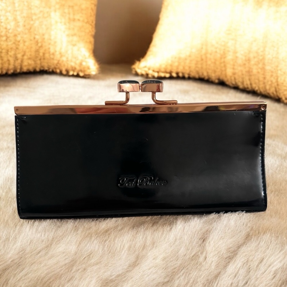 Ted Baker London Black Patent Leather Clutch w/ pink sides & Rose Gold Trim